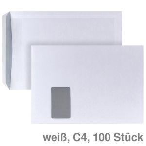 Versandtasche C4, mit Fenster, selbstklebend weiß 90g/m² 100St.